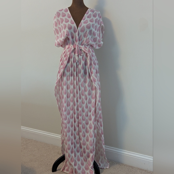 Elan Wrap Maxi Cover-Up Tunic Caftan White Pink Tropical Leaf Print Elastic, XS - Picture 3 of 9